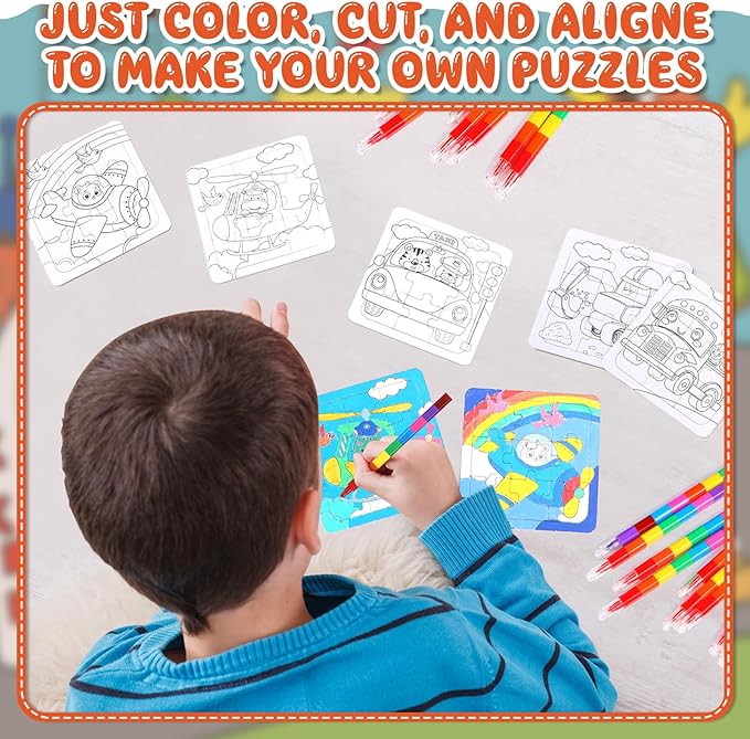 Fullhawl 12 Sets Transportation Puzzles Traffic Theme Color Your Own Puzzles DIY Construction Jigsaw Craft with 12 Stackable Crayons and 12 Bags for Construction Gifts Birthday Party Supplies(12, Car)