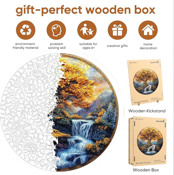 Wooden Puzzles for Adults, Tree of Life Waterfall River Wooden Jigsaw Puzzles 200pcs,11.2x11.2in, Medium, Unique Shape Adult Puzzles,Irregular Creative for Adults and Kids Family Game