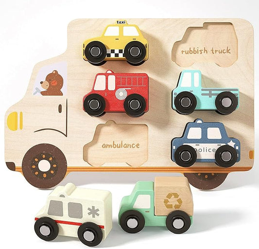 Wooden Toddler Puzzles,Montessori Vehicle Puzzles for Toddlers,Montessori Toys for 1 2 3 Years Old Boys Girls Educational Toys with 6 Emergency and City Vehicles,Wooden Toy Cars for Toddler 1-3