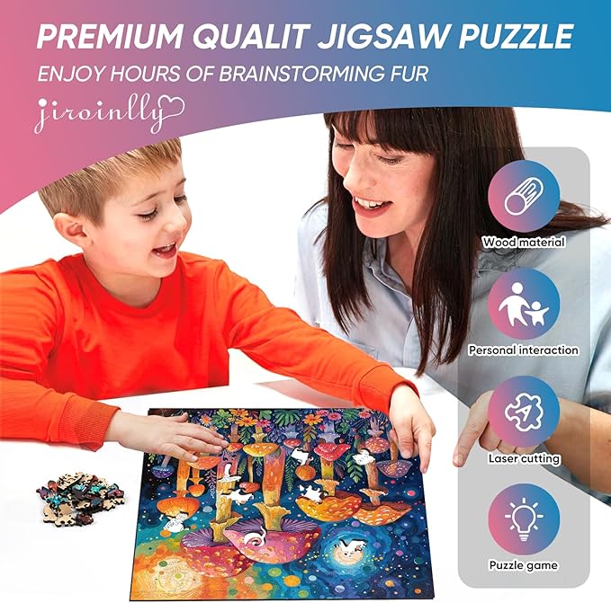 Wooden Puzzles for Adults, 200 Pieces Mushroom Wooden Jigsaw Puzzles, 11.2 inch Family Reunion Puzzle for Adult and Kids, Exquisite Packaging, Best Women's Day Gifts for Mothers Family Friends