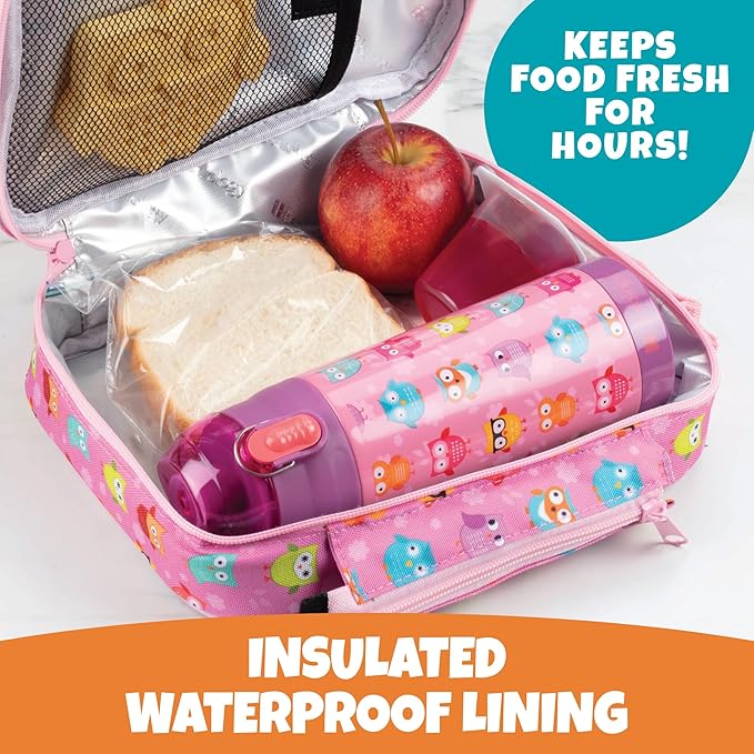 Kids Insulated Lunch Box w Snack Pocket & Expandable Water Bottle Holder For Girls- Waterproof Lunchbox Tote Keeps Food Hotter or Colder Longer - Reusable Back to School Bag Fits Most Bento Containers