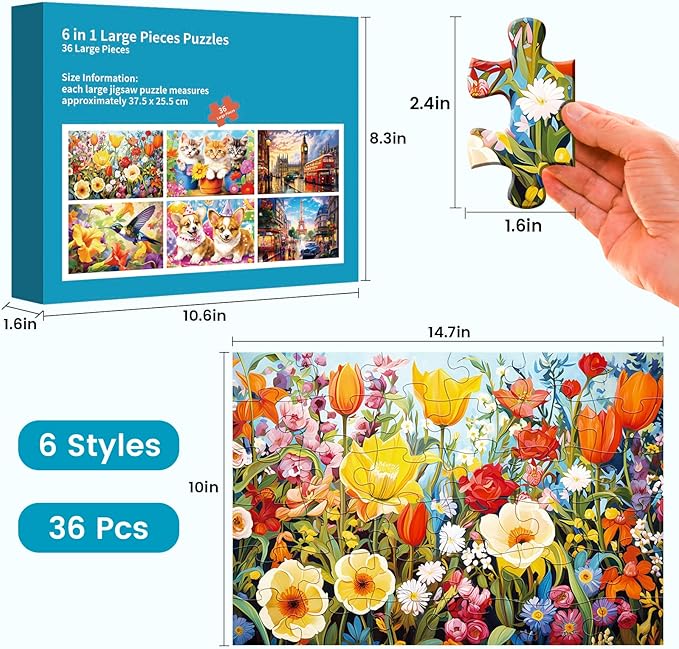 6 Packs 36 Pieces Large Puzzles for Seniors,Dementia Puzzles for Elderly Adults,Jigsaw Puzzles for Adults Seniors with Alzheimer's Dementia with 6 Storage Bags(Animals