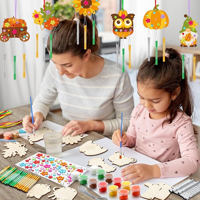 JellyArch 30 Pack Fall Wind Chime Making Kit for Kids Make Your Own Wind Chime Harvest Maple Leaf Wooden Ornaments for Girls Boys DIY Activity Birthday Decoration