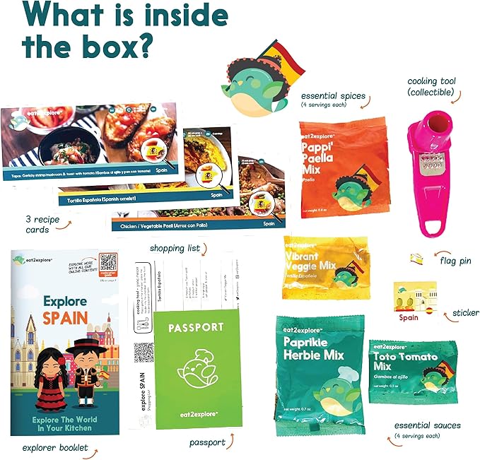 eat2explore Cooking Kits for Kids - Interactive & Educational Set with 3 Recipe Cards, Key Ingredients & Cooking Tools - Ideal Idea for Kids who Love to Create Meals (Spain Edition)