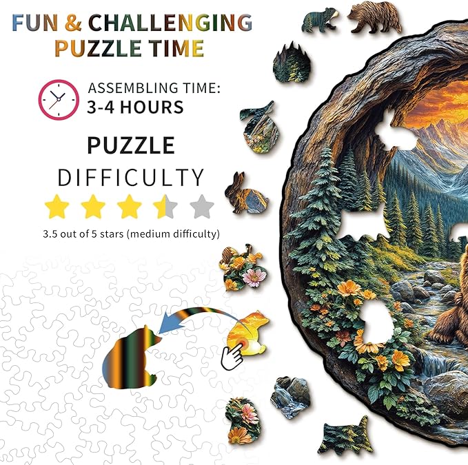 Wooden Puzzles for Adults, 3D Visual Effect Brown Bear Embrace Wooden Jigsaw Puzzle Kids,Unique Shape Wood Puzzle Adult,Puzzle for Adults,Birthday Gifts Family Games (L-13.4 * 13.1 in-309pcs)