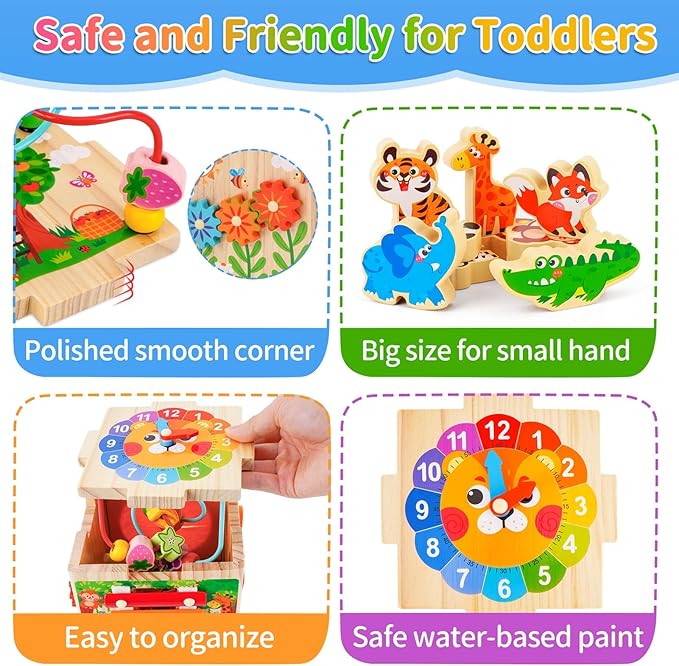 Wooden Activity Cube | Montessori Toys for 1-2 Year Old Toddlers | One Year Old 1st First Birthday Gift | Developmental Toys for 12 Months Baby Boys Girls | Bonus Sorting & Stacking Board (Blue)