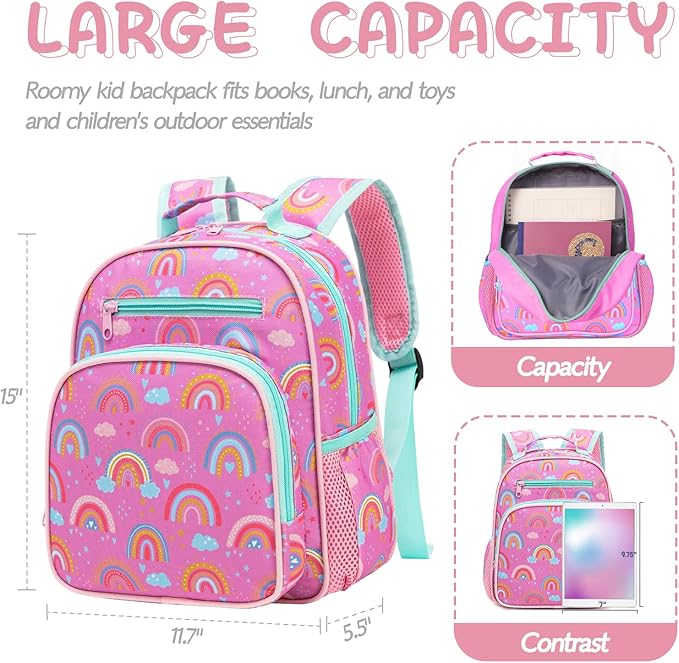 Toddler Backpack for Girls 2-4,Preschool Kindergarten Rainbow Backpacks,Small Backpack for Kids,Toddler Bookbag with Chest Strap