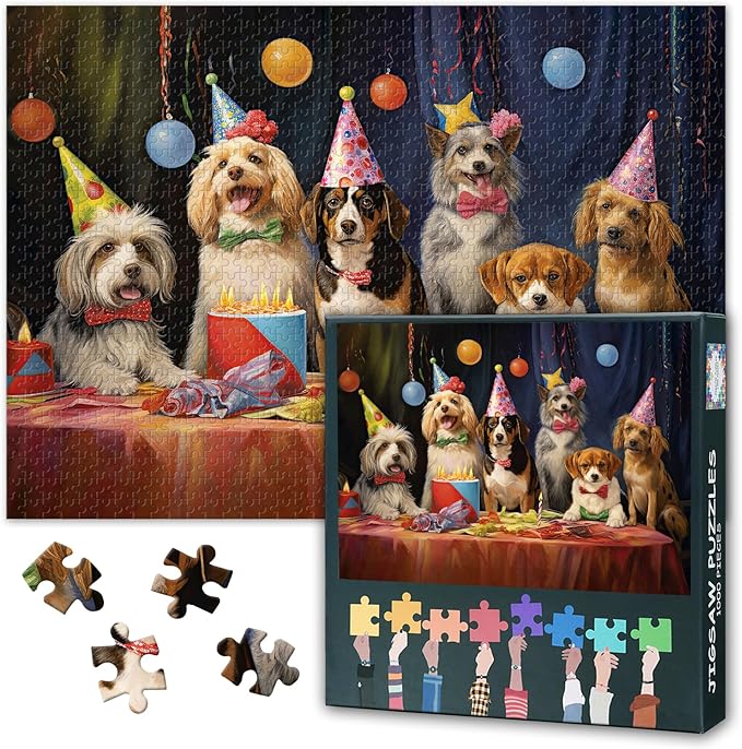 Dog Jigsaw Puzzle Puppy's Birthday Party Jigsaw Puzzles 1000 Pieces Funny Animals Jigsaw Puzzles 1000 Pieces for Adults Finished Size 19.5 x 27.5 Inch
