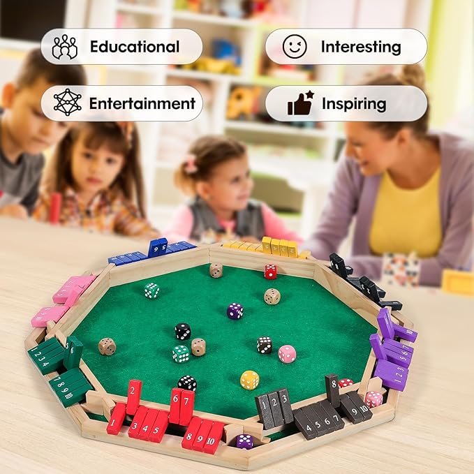 Vamslove Upgraded 2-8 Players Shut The Box Dice Game-Colorful 8-Way Wooden Board Table Math Game with 16 +6 Dices - Close The Box for Kids, Adults Families Party Club (Instruction Included)