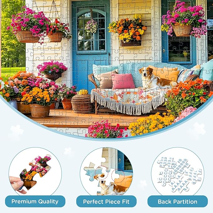 300 Piece Puzzles for Adult, Colorful Flower Jigsaw Puzzle 300 Pieces for Adults Kids Seniors, Beautiful House and Puppy Adults Puzzle for Family and Friends Party Gifts Decor 20.5×15 in