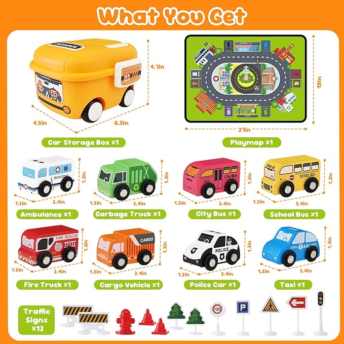 Wooden Cars Toys for Toddler Boy, 22 PCS Cars and Trucks Toy Vehicles Set with Traffic Signs, Playmat, Storage Box, Wood Montessori Toys Cars for Toddlers Baby Boys Kids Birthday Gift Educational Play