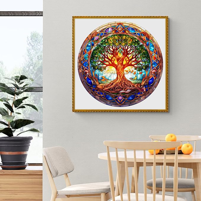 Wooden Puzzles for Adults - 300 Pieces Stained Glass Tree of Life Wooden Puzzle - Unique Animal Shape Wood Cut Puzzles - Eco-Friendly Home Office Decor (L-13.4 * 13.4in)