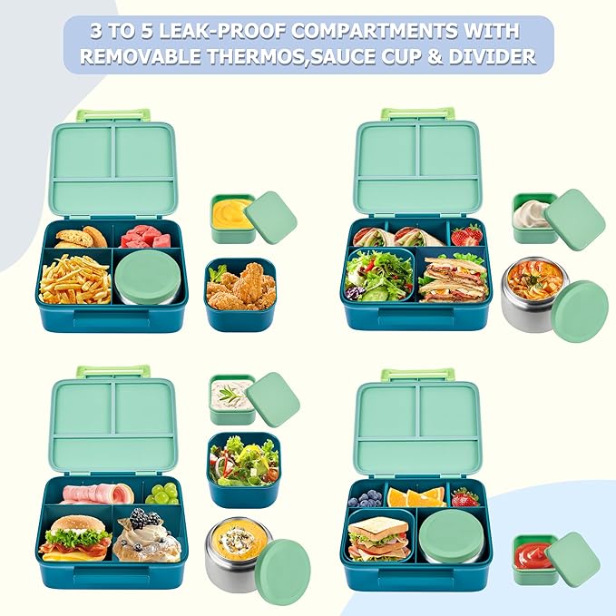 MAISON HUIS Kids Bento Box Set - Includes 8oz Soup Thermo, Insulated Lunch Bag & 17oz Stainless Steel Water Bottle, 5-Compartment Bento Box with Built-In Ice Pack, Leak-Proof & BPA-Free(Green)