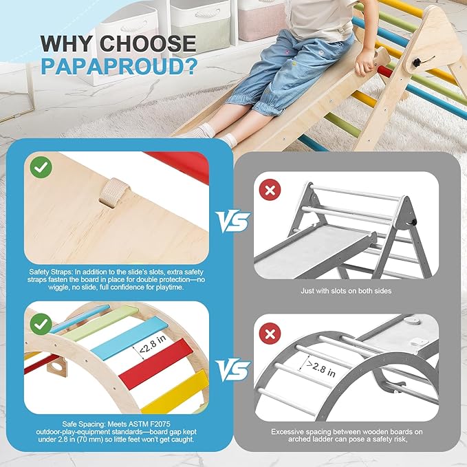 Pikler Triangle Set for Toddlers, 7-in-1 Foldable Montessori Climbing Gym with Safety Strap, Indoor Wooden Arch, Ramp, Ladder for Active Play - Classic