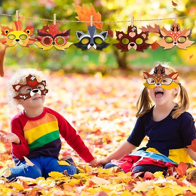 Funrous 48 Pcs Fall Craft Kits Autumn Maple Leaf DIY Mask Color Your Own Animal Blank Painting Paper Mask Thanksgiving Craft