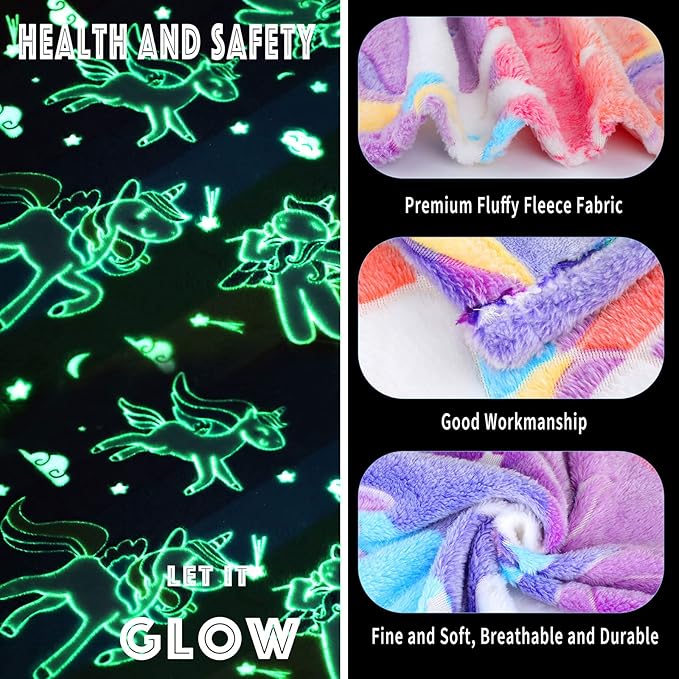 Glow in The Dark Blanket Unicorns Gifts for Girls Birthday Gift Halloween Super Cute Soft Cozy Rainbow Unicorn Star Flannel Luminous Magic Throw Thanksgiving Decor 50"x60"
