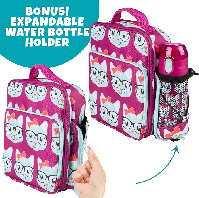 Bentology Kids Lunch Bag Set Pink Kitty- Thick Padded Handle, Insulated Tote, Reusable Hard Ice Pack & Insulated Stainless Steel Water Bottle- Keeps Lunch Fresh Longer, Back to School Lunchbox Kits