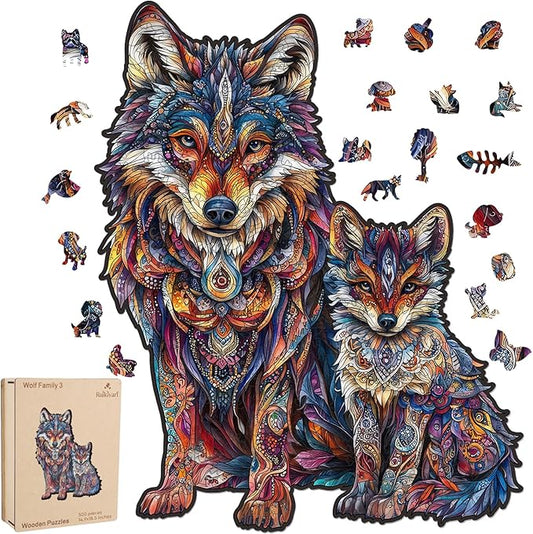Ruikiyart Wooden Puzzles for Adults, 5MM 500 Pieces Wolf Family Wooden Jigsaw Puzzles, Animal Unique Shaped Puzzle Gifts for Adults and Kids on Thanksgiving,Family Puzzle Games (14.9"*18.5")