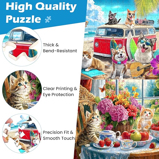 2 Pack 300 Pieces Puzzle for Adults, Dog Kittens Jigsaw Puzzles, Recycled Cardboard Puzzles 300 Pieces, Birthday and Barious Holiday Party for Family Kids and Adult, Funny Puzzle for Adults 20.5x15in