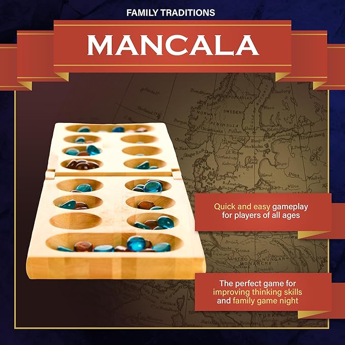 Family Traditions Mancala 2 Player Board Game, Fun Classic Table Game with Wooden Board and Deep Pockets for Mancala Gems, Popular Strategy Game for Adults & Kids, Ideal for Family Game Night, Travel