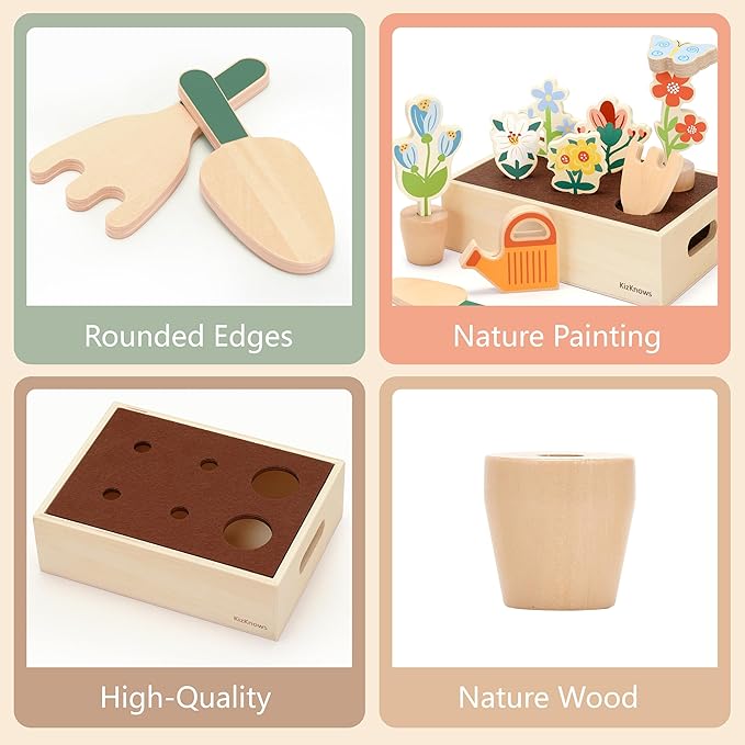 Wooden Toy Flower Garden Set Natural Gardening Toy Playset for Toddlers Pretend Play Blossom Flowerpot Educational Learning Toy for Girls Boys 3 Years and Up