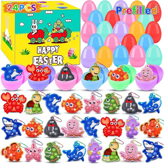 24 Pack Prefilled Easter Eggs with Toys,2.7inch Easter Eggs Filled with Sea Animal Pop Toys,Easter Basket Stuffers for Kids,Prefilled Eggs for Easter Egg Hunt