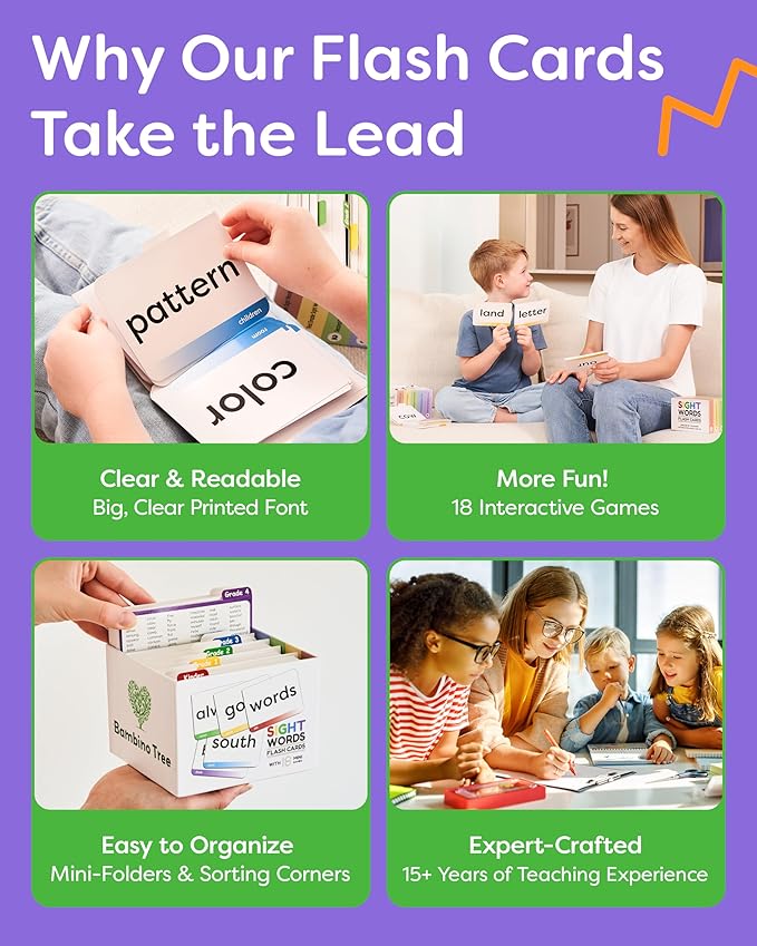 Sight Words Flash Cards Kindergarten to 4th Grade - 600 Words from Dolch's and Fry's Lists with 18 Mini Games
