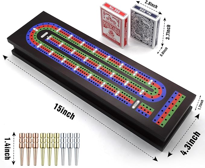 Wooden Cribbage Board Game Set with Metal Pegs and 2 Decks of Playing Cards, Travel Cribbage Board with Card Storage, Magnetic Lock, Classic Continuous 3 Track Cribbage Set for Family