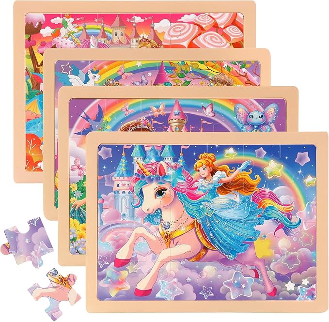 24PCS Wooden Puzzles for Kids Ages 4-6, 4 in 1 Box, Preschool Educational Toys Birthday Gifts Puzzles for 3 4 5 6 7 8 Year Old Boy Girls, Princess