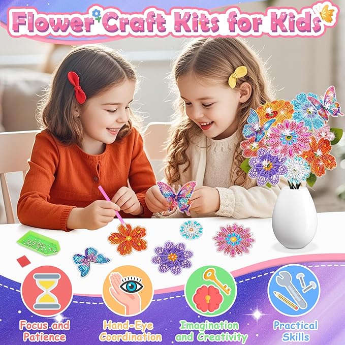 Crafts for 6-8-12-10 Year Old Girls Birthday Gifts, Arts & Crafts for Kids Ages 6-12 Diamond Art Kits for Girl Toys Age 7 8 9 11 Teen Girls DIY Gem Flower Bouquet for Home Room Decor Party Activities