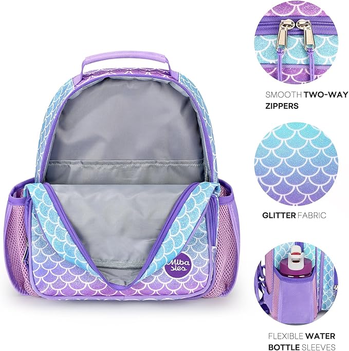 mibasies Toddler Backpack for Girls 2-4: Glitter Kids Backpacks for Girls - Preschool Kindergarten Backpack - Fish Scale Purple