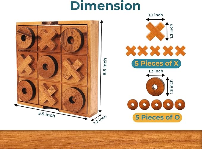 BSIRI Wooden Tic Tac Toe Game - Brain Teaser Puzzles for Adults and Unique Gifts for Kids, Coffee Table Decor Living Room Decor Modern Wood Decor, Classic Board Games for Family (5.5 Inch)