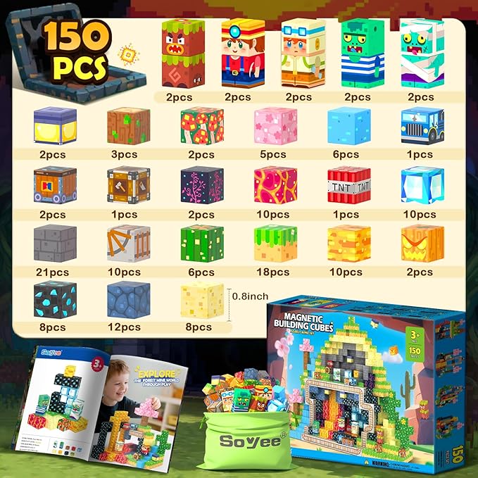 Magnetic Blocks 150 PCS Building Toys for Ages 4-8 9-12 3-5 Forest & Mine Theme Magnet Building Cubes STEM Sensory Toys for Kids for Boys & Girls