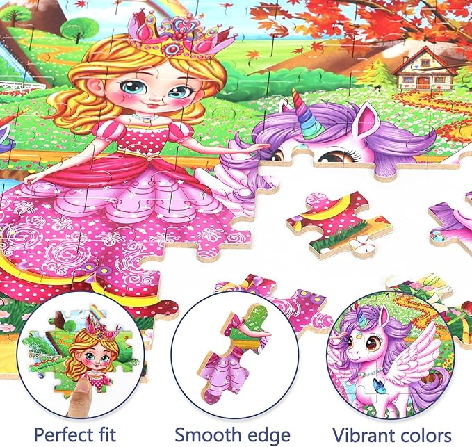 Princess and Unicorns Puzzles for Kids Ages 4-8, 100 Pieces Jigsaw Puzzles for Kids Ages 3-5 Puzzle for Girls and Boys Learning Educational Puzzles Toys in a Metal Box