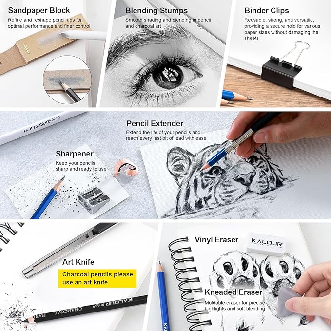 KALOUR PDAS 82 Drawing Set Sketching Kit, Art Set with Fluorescent, Colored, Watercolor, Metallic, Graphite, Charcoal Pencils, 5 Sketchbook and Coloring Book, Gift for Artists Adults Teens Beginner