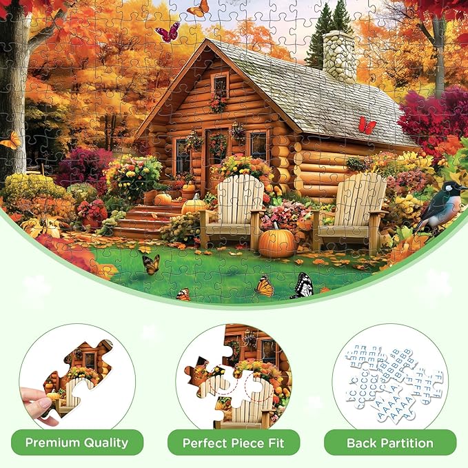 300 Pieces Puzzle for Adults, House and Forest Jigsaw Puzzle 300 Pieces, Butterfly, Fallen Leaves and Pumpkins Puzzle for Kids Seniors, Challenging Home Decor Holiday Party Gift Toy 20.5 * 15 in