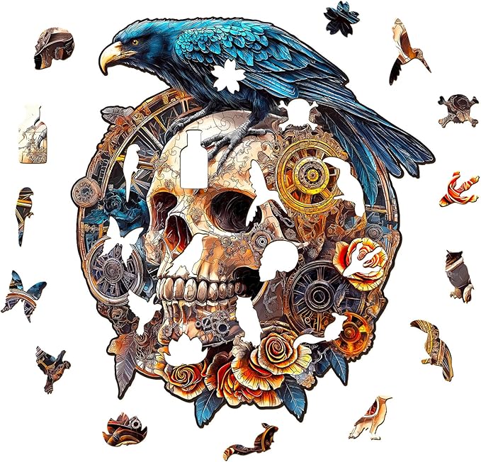 KAAYEE Wooden Puzzles for Adults, Raven & Mechanical Skull Wooden Jigsaw Puzzle 355 PCS Unique Shape Wood Puzzles Adult, 3D Visual Effect Flat Puzzle Birthday Gifts Family Games (XL-17.3 * 15.4in)
