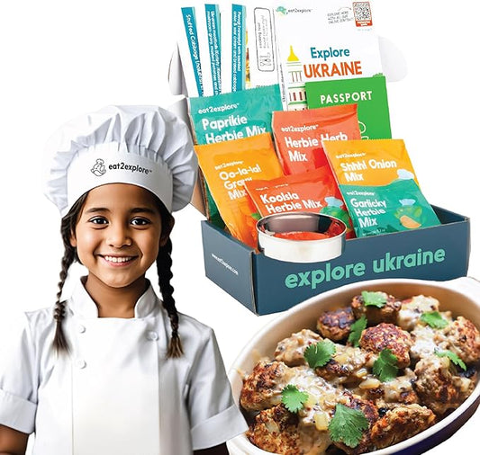 eat2explore Cooking Kits for Kids - Interactive & Educational Set with 3 Recipe Cards, Key Ingredients & Cooking Tools - Ideal Idea for Kids who Love to Create Meals (Ukraine Edition)