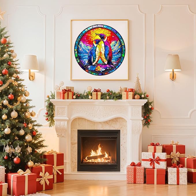 Wooden Puzzles for Adults - Colorful Couple Penguins Wooden Jigsaw Puzzle, Unique Animal Shaped Wood Puzzles Adult, Christmas Birthday Gifts for Friends/Family, Home Decor 13.4 * 13.4in 295pcs