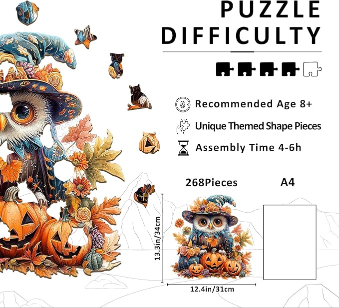 Wooden Puzzles for Adults - 268 Pieces Halloween Owl Wooden Jigsaw Puzzle - Unique Animals Shape Wood Cut Puzzles - Eco-Friendly Home Office Decor (L-13.3 * 12.4in)