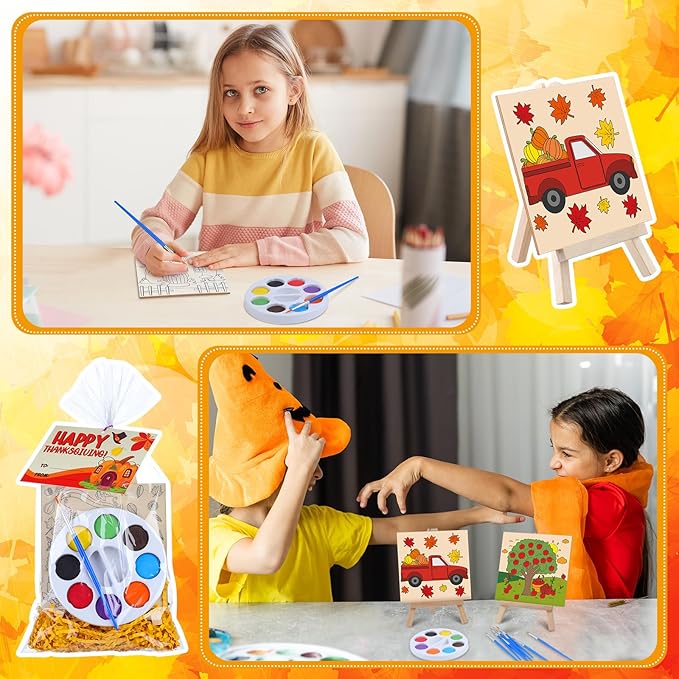 87 Pcs/12 Set Fall Thanksgiving Unfinished Wood Crafts Set Holiday Painting Gift Bulk Predrilled Wooden Ornaments Watercolor Paints with Cards Craft for Holiday Bags Party Supplies
