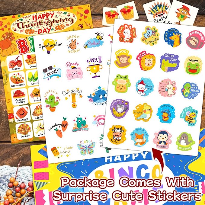 24 Players Thanksgiving Bingo Cards, Thanksgiving Bingo Game for Kids with Punny Stickers Fall Festival Bingo Sets Classroom Family Party Game Holiday Activities