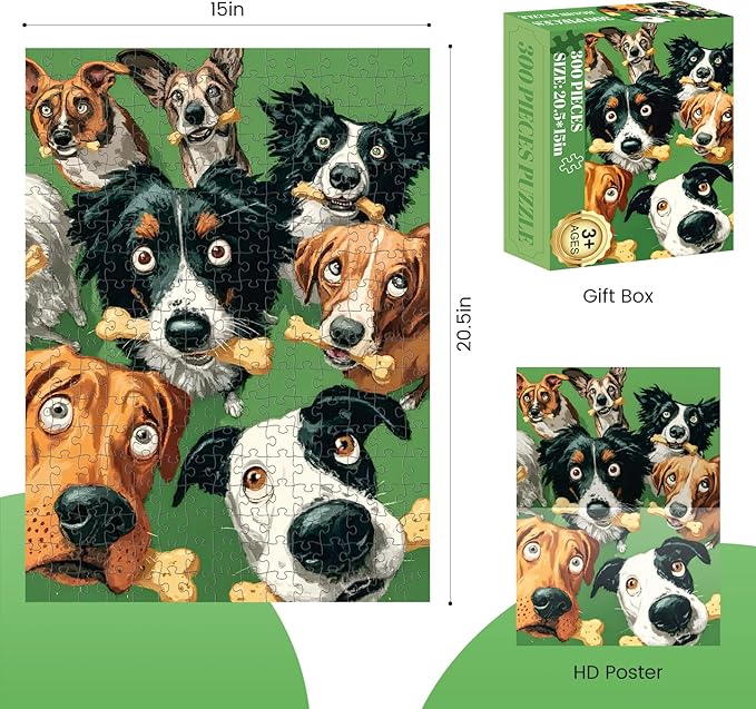 300 Piece Puzzles for Adults, Colorful Funny Dog Puzzles for Adults, Comical Dogs Holding Bones 300 Piece Jigsaw Puzzle, Ideal Home Decor Gift for Adults Kids Seniors, 20.5×15 in