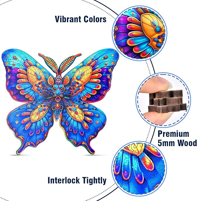Wooden Puzzles for Adults, 200 Piece Butterfly Wooden Jigsaw Puzzles, Unique Puzzles with Beautiful Wooden Box, Challenging Puzzles for Older, Puzzle Lovers, 11.49" x 10.23"