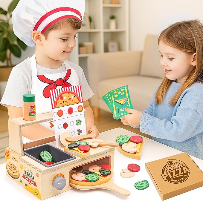 Wooden Pizza Toy, Montessori Pretend Play Toys, Wooden Pizza Counter Playset, Play Food and Accessories, Cooking Pretend Play Toys for Boys Girls Age 3+