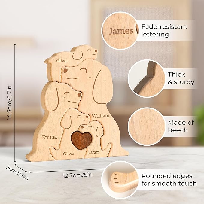 Wooden Dogs Family Puzzle, Personalized Puzzles with 2–5 Names, Father's Day Personalized Gifts for Mom Dad Kids Teen Boys Girls Grandma, Toddler Men Mother's Day Birthday