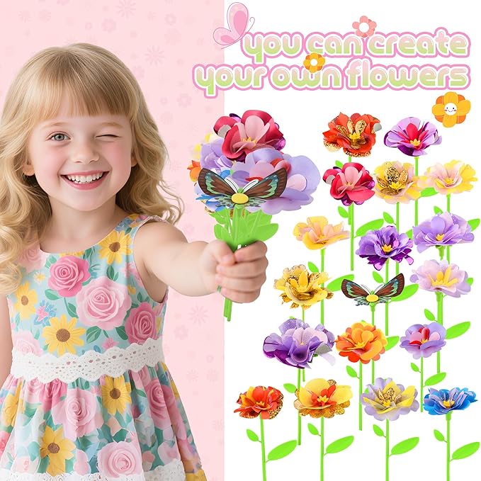 Nicella DIY Fabric Flower Bouquet Toy Accessories (Makes 33 Flowers & 3 Butterflies, 36 Pieces Total)-Creative Flower Market & Arts & Crafts Add-On Kits for Kids
