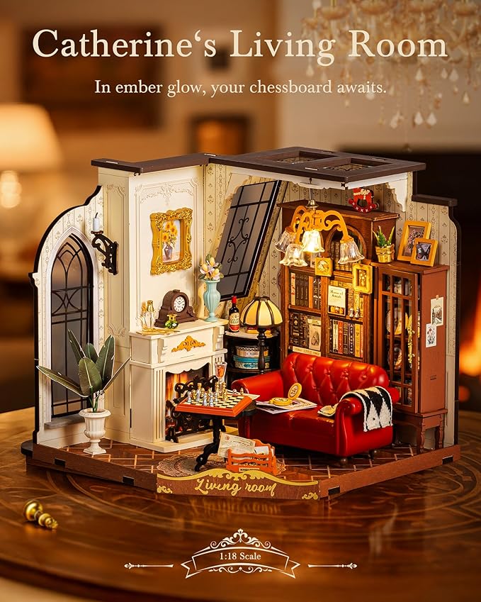 Rolife DIY Miniature House Kit Victorian Parlor 1:18 Scale Dollhouse Diorama, Tiny House Building Kit Antique Bookshelf Display Crafts for Adults Gift for Boys Girls (Catherine's Living Room)