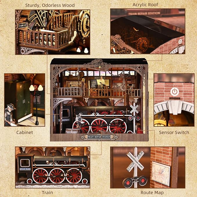 Book Nook Kit, Book Nook Kits for Adults and Teens, DIY Miniature Dollhouse Kit 3D Wooden Puzzle Booknook Bookend with LED Light