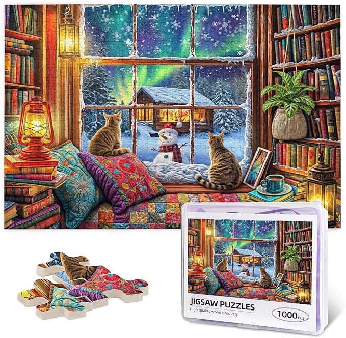 Winter Reading Nook 1000 Piece Jigsaw Puzzle Winter Puzzles 1000 Pieces Funny Cat Puzzle Puzzles for Indoor Cats for Adults Challenging Puzzle Perfect for Game Nights
